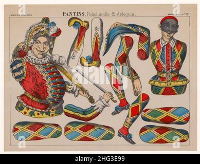 Die Vintage-Illustration aus dem 19th. Jahrhundert zum Schneiden. Marionetten: Polichinelle und Harlekin. 1890 Stockfoto