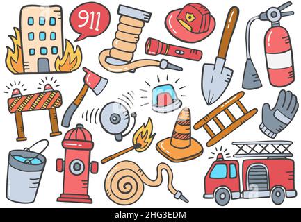 firefighter Doodle handgezeichnete Set-Kollektionen mit flacher Kontur Stil Vektor-Illustration Stockfoto