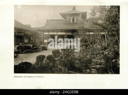 Archivfoto des Refektoriums und des Gartens des Tofukuji-Tempels. Japan Reproduktion der Buchdarstellung von 1912 Tofuku-ji (東福寺) ist ein buddhistischer Tempel in Hi Stockfoto