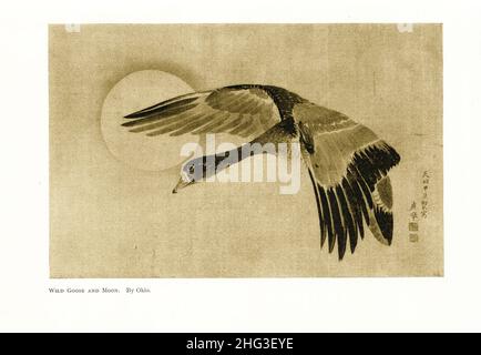 Japanisches Gemälde des 18th. Jahrhunderts: Wilde Gans und Mond. Von Maruyama Okyo. Reproduktion der Buchillustration von 1912 Maruyama Ōkyo (1733 – 1795), geboren in Mar Stockfoto