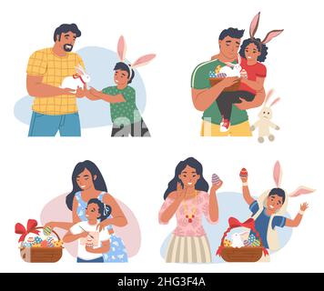 Familie Ostern Feier Szene Set, Vektor-Illustration. Frühlingsferien mit Hase, verzierten Eiern, Kuchen, Korb Stock Vektor