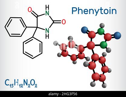 Phenytoin, PHT, Diphenylhydantoin-Molekül. Es ist ein krampflösender, antiepileptischer, anfallshektischer Wirkstoff und ein Derivat von Hydantoin. Strukturelle chemische Formel Stock Vektor