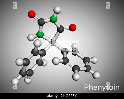 Phenytoin, PHT, Diphenylhydantoin-Molekül. Es ist ein krampflösender, antiepileptischer, anfallshektischer Wirkstoff und ein Derivat von Hydantoin. Molekularmodell. 3D Renderi Stockfoto