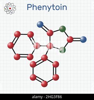 Phenytoin, PHT, Diphenylhydantoin-Molekül. Es ist ein krampflösender, antiepileptischer, anfallshektischer Wirkstoff und ein Derivat von Hydantoin. Molekülmodell. Blatt pa Stock Vektor