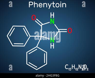 Phenytoin, PHT, Diphenylhydantoin-Molekül. Es ist ein krampflösender, antiepileptischer, anfallshektischer Wirkstoff und ein Derivat von Hydantoin. Strukturelle chemische Formel Stock Vektor