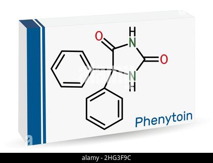 Phenytoin, PHT, Diphenylhydantoin-Molekül. Es ist ein krampflösender, antiepileptischer, anfallshektischer Wirkstoff und ein Derivat von Hydantoin. Chemische Formel des Skeletts. Stock Vektor