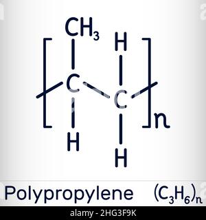 Polypropylen (PP), Polypropen-Molekül. Es ist thermoplastisches Polymer aus Propylen. Chemische Formel des Skeletts. Vektorgrafik Stock Vektor