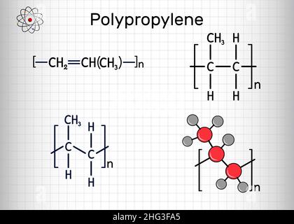 Polypropylen (PP), Polypropen-Molekül. Es ist thermoplastisches Polymer aus Propylen. Strukturelle chemische Formel und Molekülmodell. Blatt Papier in Stock Vektor