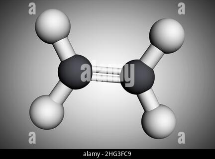 Ethylen, Ethan, C2H4-Molekül. Es ist organische Verbindung, Kohlenwasserstoff, Alken. Molekularmodell. 3D Rendern. Abbildung Stockfoto