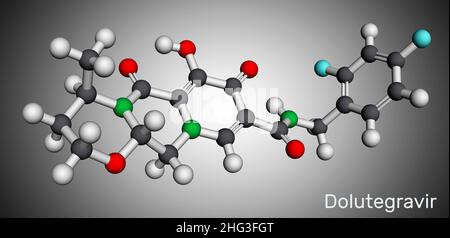 Dolutegravirе, Molekül. Es handelt sich um ein antivirales Mittel, das zur Behandlung von HIV-1-Infektionen des humanen Immunschwächevirus Typ 1 verwendet wird. Molekularmodell. 3D RE Stockfoto