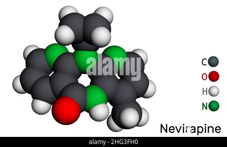 Nevirapin-Molekül. Es wird zur Behandlung von Infektionen mit dem humanen Immunschwächevirus (HIV) und dem erworbenen Immunschwächesyndrom (AIDS) verwendet. Molekularmodell. Stockfoto