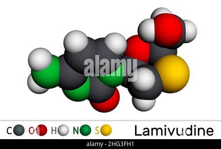 Lamivudin, 3TC Wirkstoffmolekül. Es wird zur Behandlung des humanen Immundefizienz-Virus Typ 1 (HIV-1) und des Hepatitis-B-Virus (HBV) verwendet. Molekularmodell. 3D Rendern Stockfoto