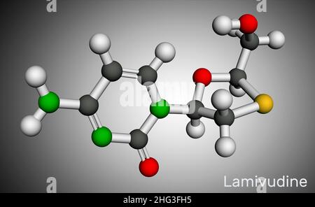 Lamivudin, 3TC Wirkstoffmolekül. Es wird zur Behandlung des humanen Immundefizienz-Virus Typ 1 (HIV-1) und des Hepatitis-B-Virus (HBV) verwendet. Molekularmodell. 3D Rendern Stockfoto