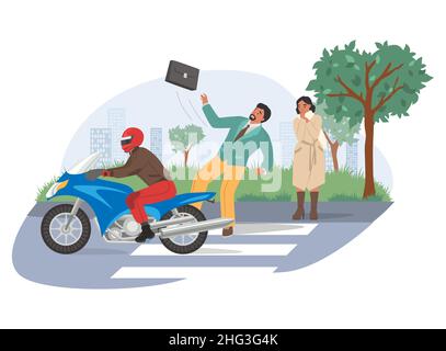 Motorradunfall, Vektorgrafik. Motorradfahrer traf Fußgänger auf dem Fußgängerüberweg. Verkehrsunfall. Stock Vektor