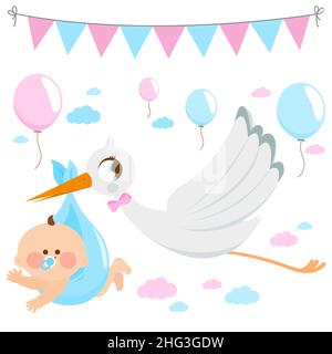 Storch liefert ein neues Baby. Illustrationssammlung Stockfoto