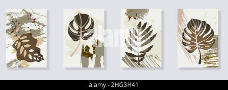 Modisches Set aus minimalistischen tropischen Blättern und abstrakten Formen. Minimale botanische Wandkunst. Moderne Grafik aus der Mitte des Jahrhunderts. Pflanzenkunst-Design für Social Media Stock Vektor