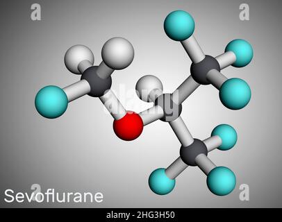 Sevofluran, Fluormethylmolekül. Es handelt sich um Inhalationsanästhetikum, das für die Vollnarkose verwendet wird. Molekularmodell. 3D Rendern. Abbildung Stockfoto