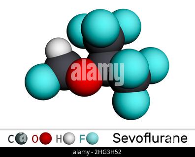 Sevofluran, Fluormethylmolekül. Es handelt sich um Inhalationsanästhetikum, das für die Vollnarkose verwendet wird. Molekularmodell. 3D Rendern. Abbildung Stockfoto