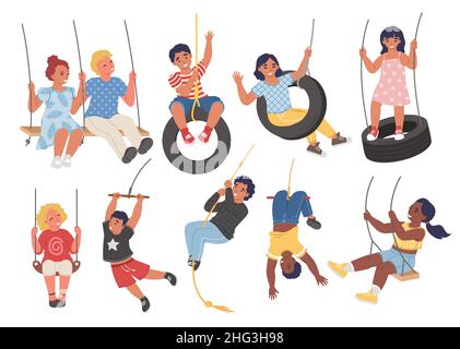 Kinder schwingen auf Schaukeln, Vektor isolierte Illustration. Glückliche Kinder auf dem Spielplatz Schaukeln. Sommerurlaub im Freien. Stock Vektor