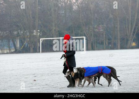 London, Großbritannien. 18th Januar 2022. Morgenfrost auf Wandsworth Common, wenn der Vollmond untergeht. Kredit: JOHNNY ARMSTEAD/Alamy Live Nachrichten Stockfoto