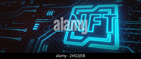 Konzept des nicht fungiblen NFT-Tokens-Textes in der Mitte des Neon-Line-pcb-Netzwerks, der vor dunklem Hintergrund leuchtet. Stockfoto