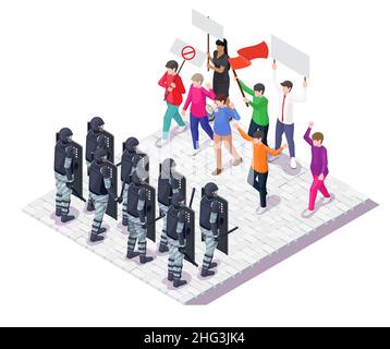 Demonstranten mit Plakaten, Polizei mit Aufstandsschilden, Schlagstöcken. Kundgebung, Protest, Bewegung, Streikposten, Demonstration, vektor. Stock Vektor