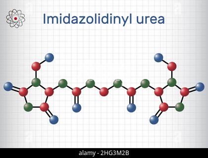 Imidazolidinylharnstoff, Imidurea-Molekül. Es ist antimikrobielles Konservierungsmittel, das in Kosmetika, Formaldehyd-Freisetzer, verwendet wird. Molekülmodell. Blatt Papier in einem Stock Vektor