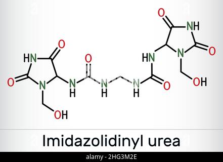 Imidazolidinylharnstoff, Imidurea-Molekül. Es ist antimikrobielles Konservierungsmittel, das in Kosmetika, Formaldehyd-Freisetzer, verwendet wird. Chemische Formel des Skeletts. Vektor i Stock Vektor