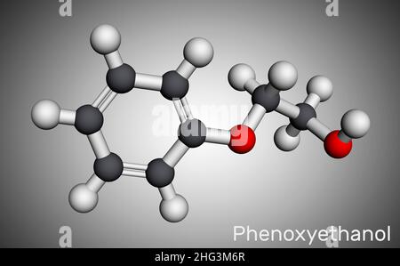 Phenoxyethanol primäres Alkoholmolekül. Es ist Glykolether, antiinfektiöses Mittel, Konservierungsmittel, antiseptisch, Lösungsmittel. Molekularmodell. 3D Rendern. Il Stockfoto