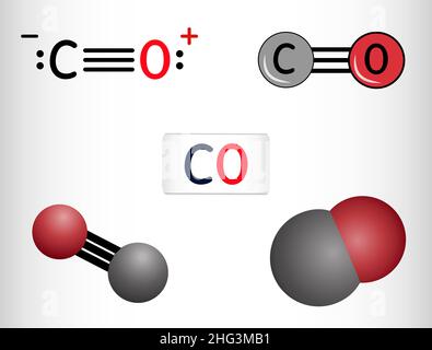 Kohlenmonoxid, CO-Molekül. Сarbon und Sauerstoffatome sind durch eine Dreifachbindung verbunden. Strukturelle chemische Formel und Molekülmodell. Vektorgrafik Stock Vektor