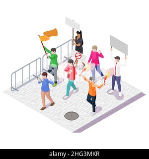Menschen mit Plakaten, Fahnen, Megaphon, Vektor-isometrische Illustration. Protest, Demonstration, Kundgebung, Streikposten, Streik. Stock Vektor