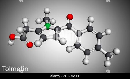 Tolmetinmolekül. Es handelt sich um Monocarbonsäure, ein nichtsteroidales entzündungshemmendes Medikament NSAID. Molekularmodell. 3D Rendern. Abbildung Stockfoto