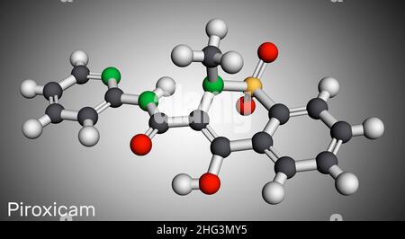 Piroxicam, Piroksikam-Molekül. Es ist ein nichtsteroidales entzündungshemmendes Medikament NSAID, das zur Behandlung von Arthrose und rheumatoider Arthritis verwendet wird. Molekularer Modus Stockfoto