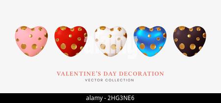 Set aus 3D realistischen Herzformen in goldenen Punkten.Weiß, Rot, Rosa, Blau 3D Herzen mit goldenen Punkten isoliert auf weißem Hintergrund. Vektorgrafik Stock Vektor