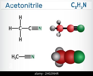 Acetonitril, MeCN, Methylcyanid-Molekül. Es ist Nitril, das ist Blausäure, in dem der Wasserstoff durch eine Methylgruppe ersetzt wurde. Structu Stock Vektor