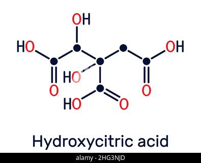 Hydroxyzitronensäure, HCA-Molekül. Es ist Derivat der Zitronensäure, wird in tropischen Pflanzen gefunden Garcinia cambogia, Hibiscus sabdariffa. Skelettchemie Stock Vektor