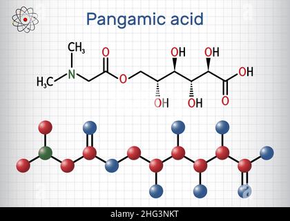 Pangaminsäure, Pangamatmolekül. Es handelt sich um Vitamin B15, Ester aus Gluconsäure und Dimethylglycin. Strukturelle chemische Formel und Molekül m Stock Vektor