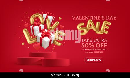 3D Geschenkschachteln zum Valentinstag mit roten Schleifen. Gold Wort Love 3D realistisch auf dem Hintergrund Geschenk-Boxen isoliert auf weißem Hintergrund. Vektorgrafik Stock Vektor