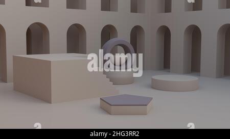 Minimalismus leere geometrische Produkt Schaufenster zylindrische und sechseckige Plattform mit Treppe Podium zwischen Gebäude mit Bogentüren im Hintergrund 3D r Stockfoto