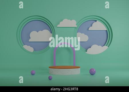 Abstrakte geometrische Nachbau Podium Vitrine Bühne mit stufenförmigen Fenster Tunnel Hintergrund und minimale Wolke für Produktförderung Werbung Präs Stockfoto