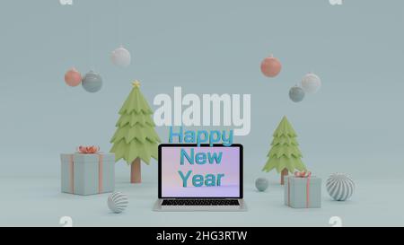 Laptop mit glücklichem Neujahr Text Illusion auf dem Bildschirm mit weihnachtsbaum Geschenk-Geschenkbox und Ornamente dekoriert, um das kommende Jahr zu feiern 3D Renderin Stockfoto
