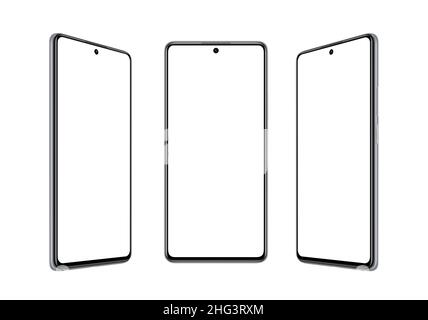 Moderne Telefonvorlagen. Isolierter Hintergrund und Display für Mockup, App-Design-Werbung. Smartphone in drei Positionen Stockfoto