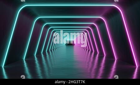 Beleuchteter Tunnel mit dunklem Korridor und futuristischem Sci Fi Neon-Licht mit 3D-Rendering-Illustration Stockfoto