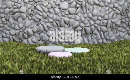 Leerer Steinsockel Podium für Produktpräsentation auf Grasfeld und Klippe 3D Rendering Illustration Stockfoto