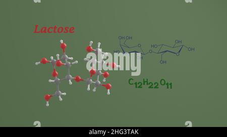 Laktose oder Milchzucker reduzierender Zucker disaccharide Wissenschaft chemische Struktur und Modell 3D Rendering Illustration Stockfoto