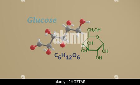 Glukose oder Dextrose, die Zucker reduziert Aldose Wissenschaft chemische Struktur und Modell 3D Rendering Illustration Stockfoto