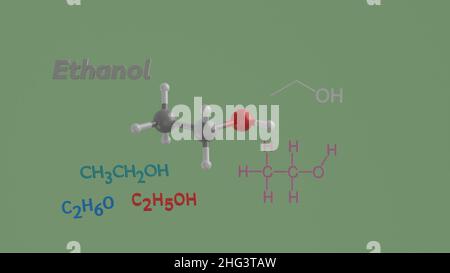 Ethanol oder Ethyl Alkohol Trinken Getränke Alkohol chemische Molekül Formel Struktur und Modell 3D Rendering Illustration Stockfoto