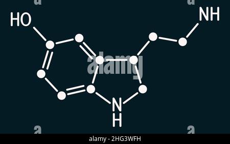 Serotonin-Molekül. Es ist Monoamin Neurotransmitter, Neuromodulator, Medikamente. Chemische Formel des Skeletts auf dem dunkelblauen Hintergrund. Abbildung Stockfoto