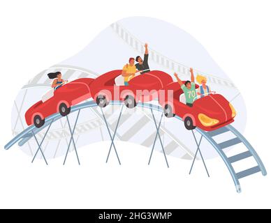 Menschen fahren Achterbahn, Vektor-Illustration. Messegelände Vergnügungspark Attraktion. Unterhaltung, Freizeitaktivitäten Stock Vektor