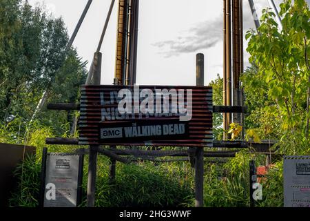 The Swarm and Saw the Ride (aus dem Film) im Thorpe Park Theme Park Amusement Park London England Stockfoto